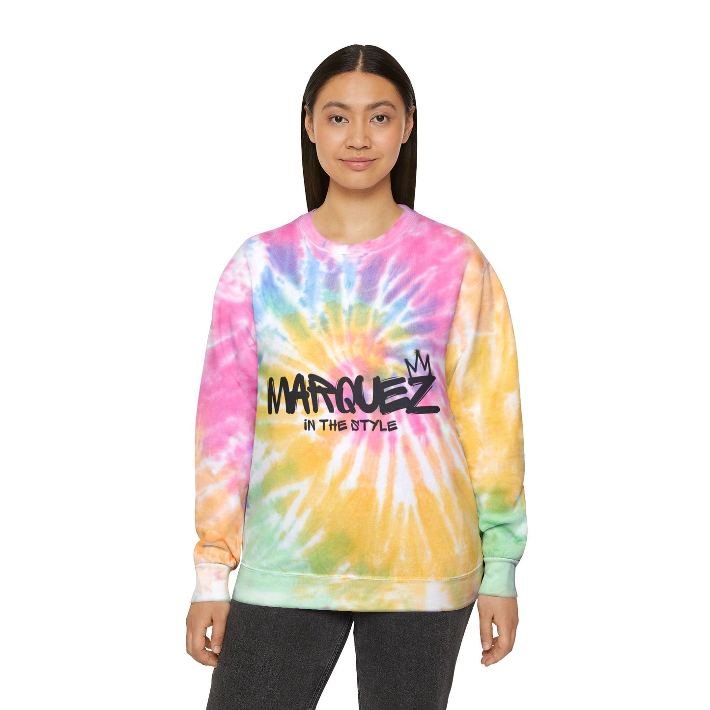Colorful Unisex Tie-Dye Sweatshirt with 'MARQUEZ' Design - Perfect for Casual Wear & Festivals