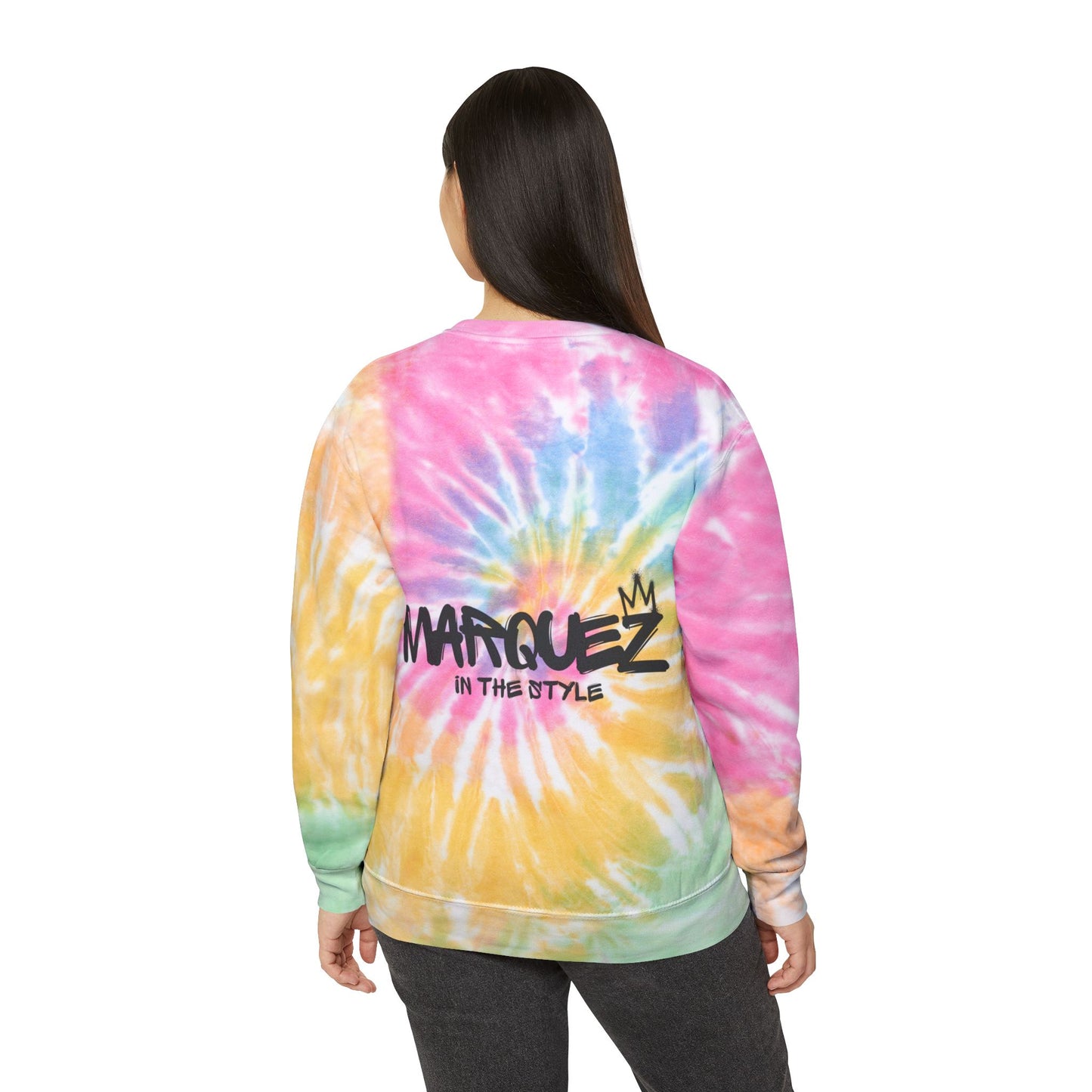 Colorful Unisex Tie-Dye Sweatshirt with 'MARQUEZ' Design - Perfect for Casual Wear & Festivals