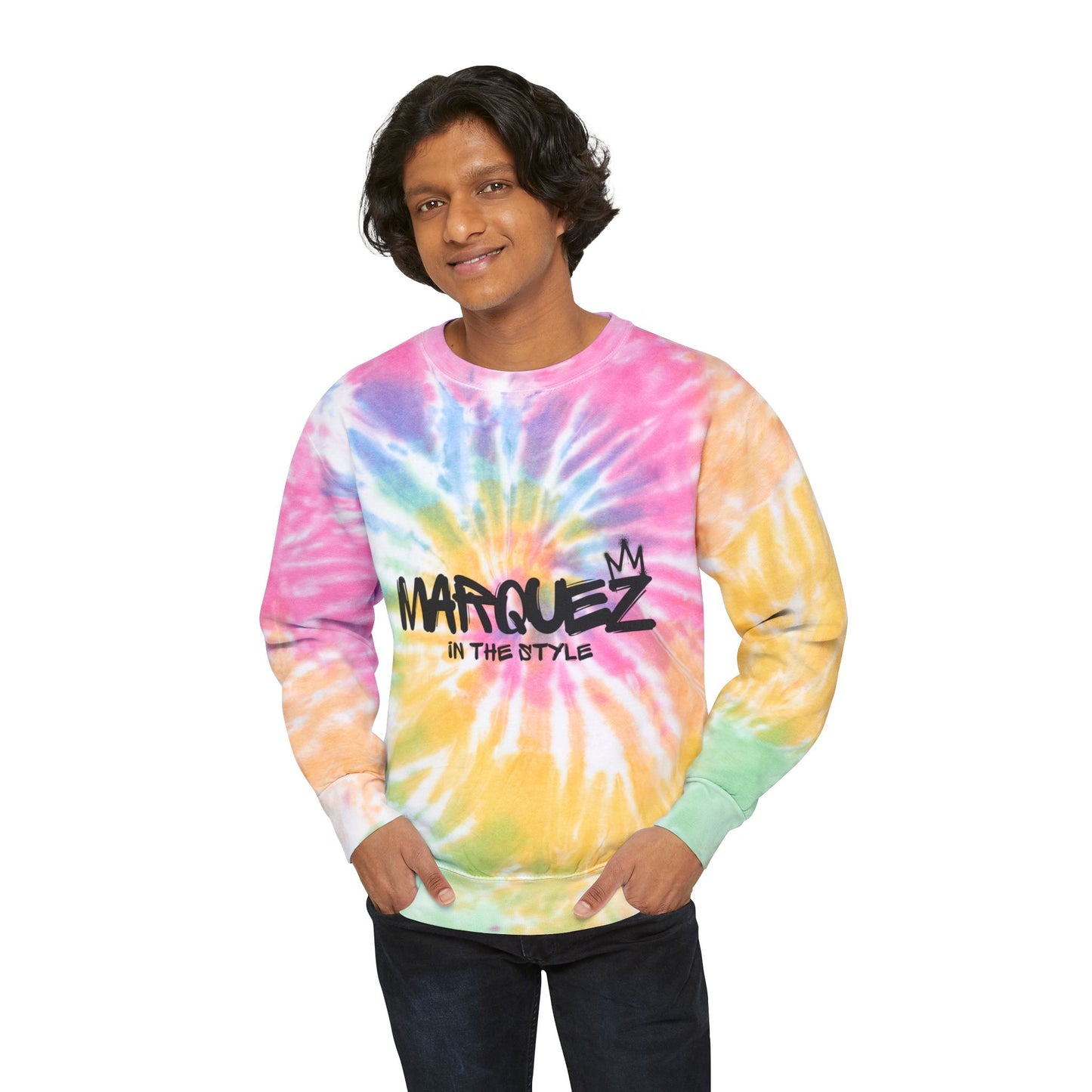 Colorful Unisex Tie-Dye Sweatshirt with 'MARQUEZ' Design - Perfect for Casual Wear & Festivals