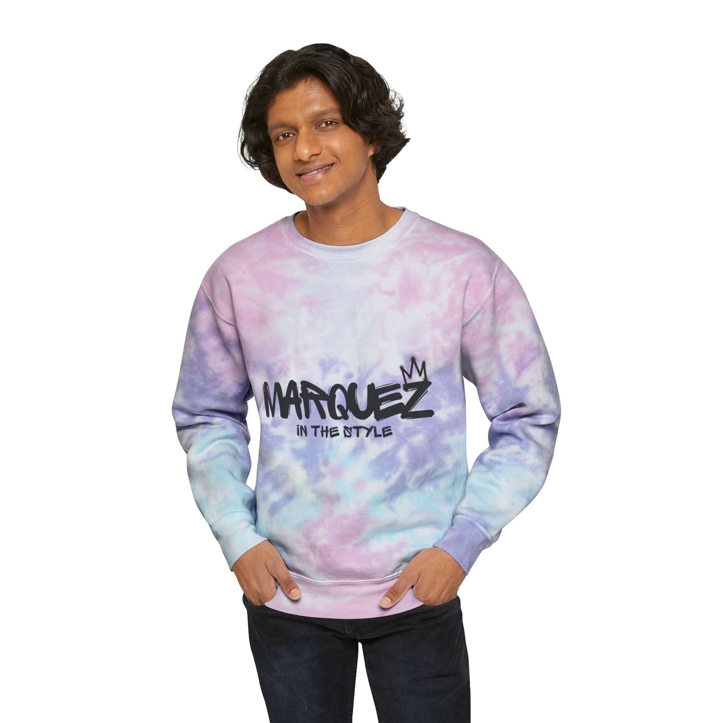 Colorful Unisex Tie-Dye Sweatshirt with 'MARQUEZ' Design - Perfect for Casual Wear & Festivals